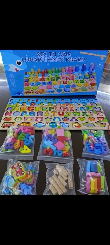 Six-In-One Logarithmic Learning Board – Montessori Wooden Puzzle for Numbers, Alphabet, Shapes, and Fishing